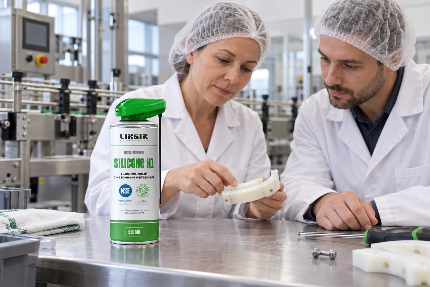 Пищевая силиконовая смазка-спрей LIKSOL SILICONE H1 Spray Специалисты проверяют пластиковую деталь рядом с LIKSOL SILICONE H1 Spray 520 мл